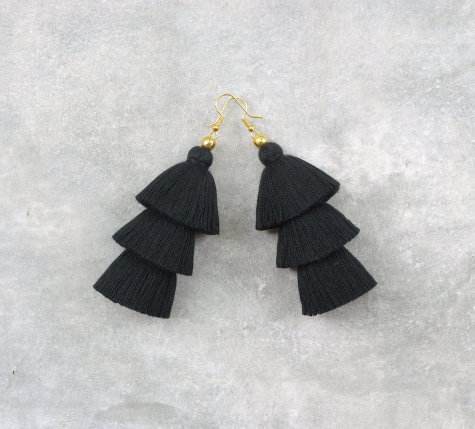 Three Tiered All Black Tassel Earrings - Etsy