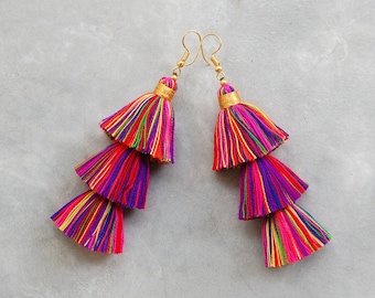 Handcrafted Multi Colored Tassel Earrings with Gold Binding
