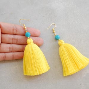 Handmade Bright Yellow Tassel Earrings with Turquoise Beads image 3