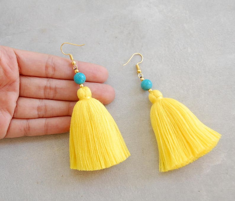 Handmade Bright Yellow Tassel Earrings with Turquoise Beads image 3