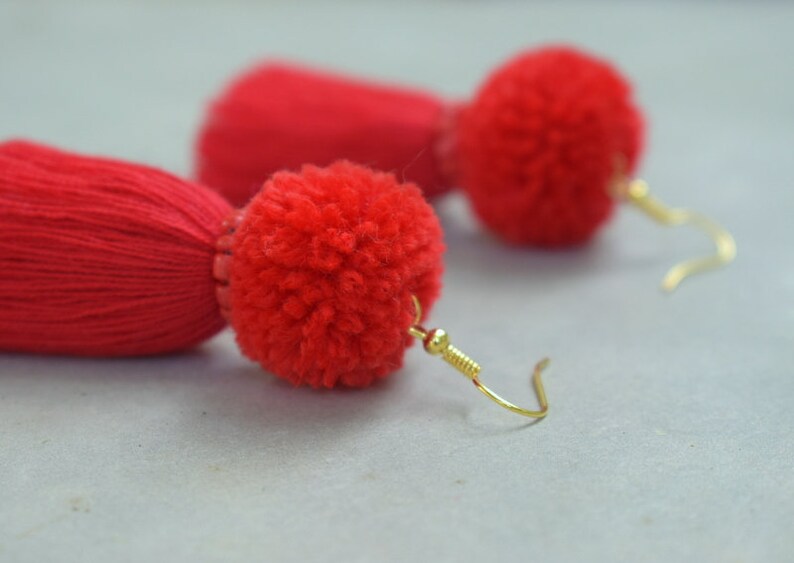 Red Tassel Earrings With Pom Poms Etsy