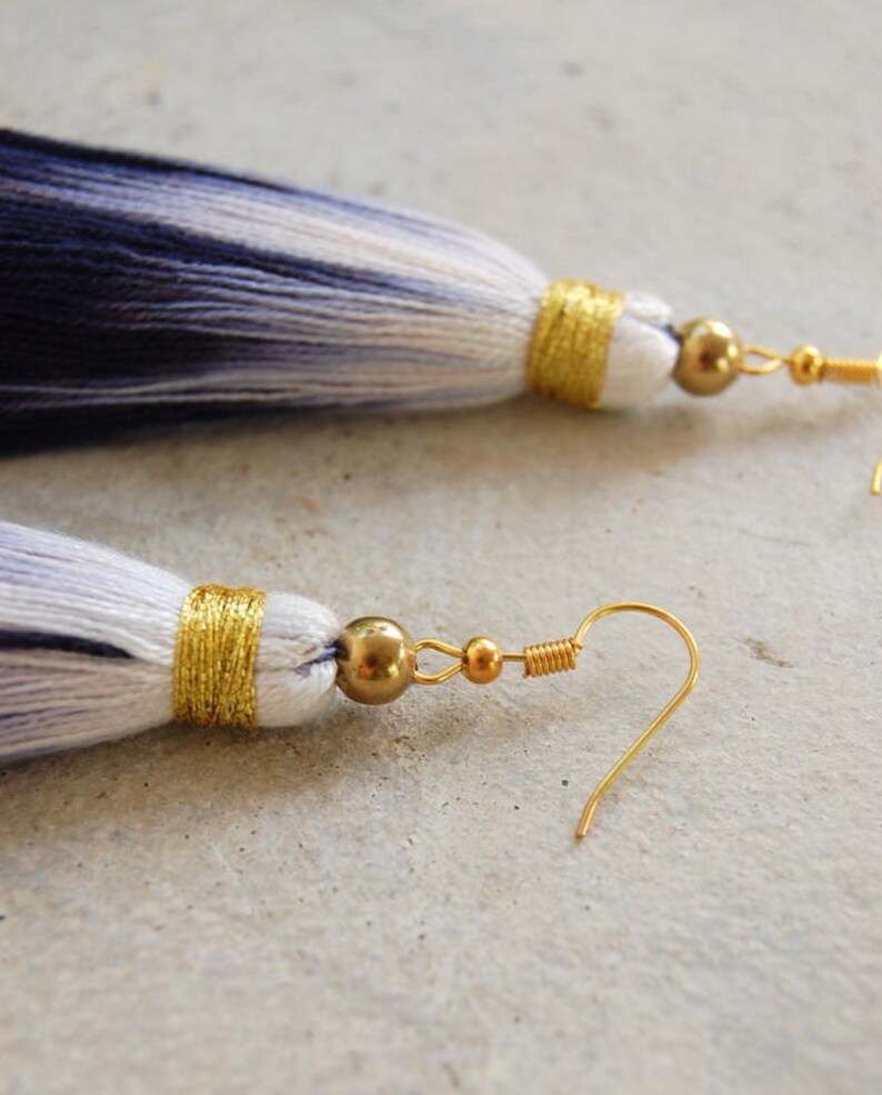 Indigo Blue Dip Dyed Ombre Tassel Earrings with Gold Beads image 3