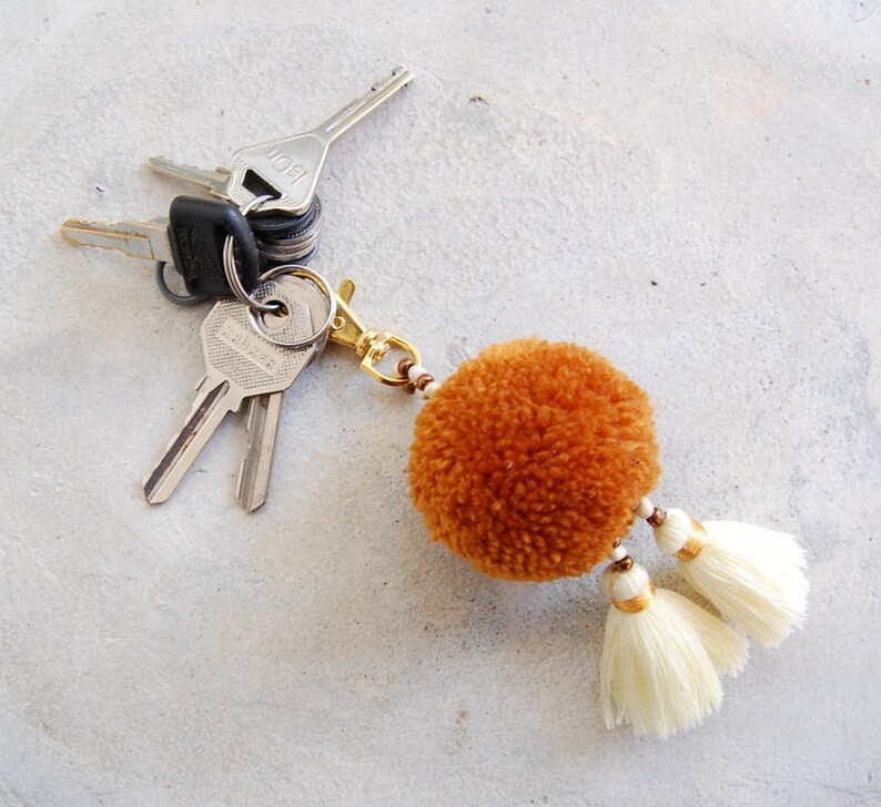 Light Brown Pom Pom Keychain with Ivory Tassels Etsy