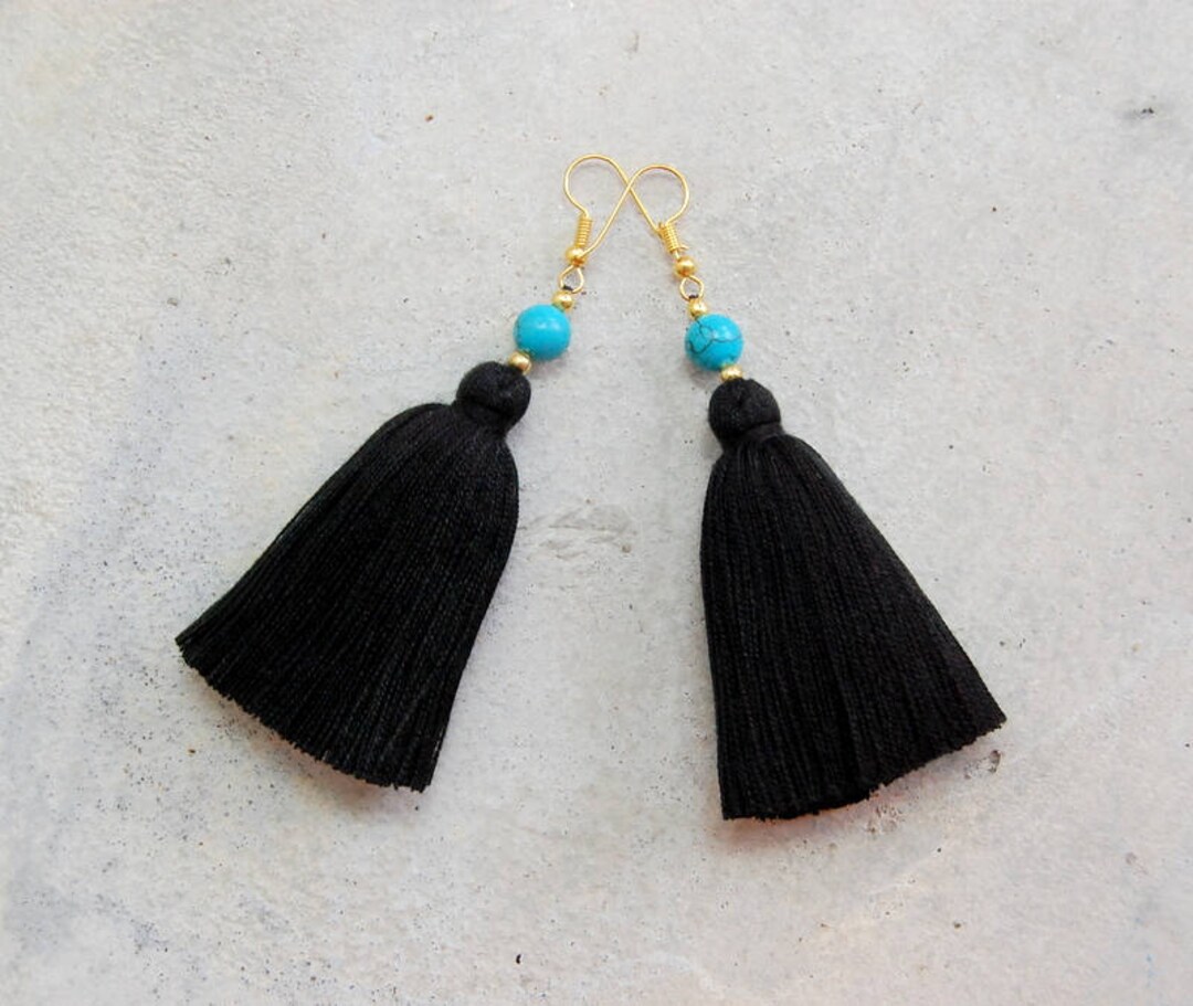 Black Tassel Earrings With Turquoise Beads Etsy