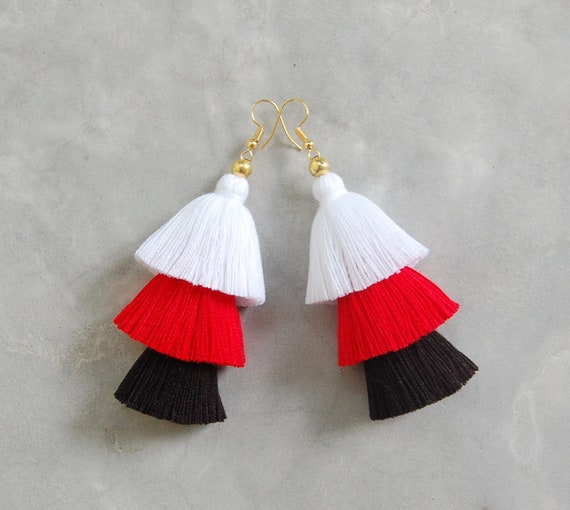 White Red Black Tassel Earrings Etsy