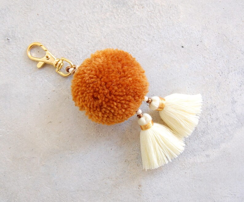 Light Brown Pom Pom Keychain with Ivory Tassels Etsy