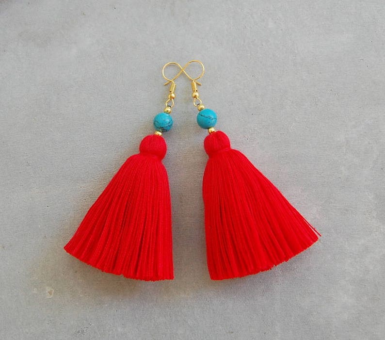 Red Tassel Earrings With Turquoise Beads Etsy UK