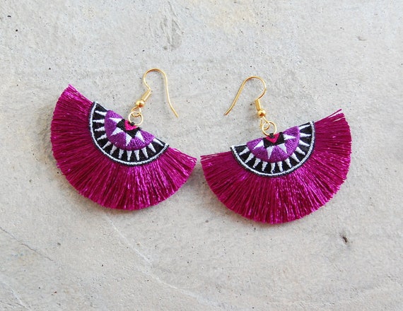 Handmade Magenta Tassel Earrings With Hill Tribe Embroidery Etsy