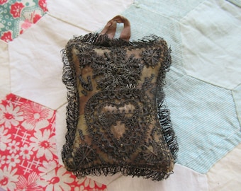 early 1800s pincushion. Metal bullion embroidery. Hand made.