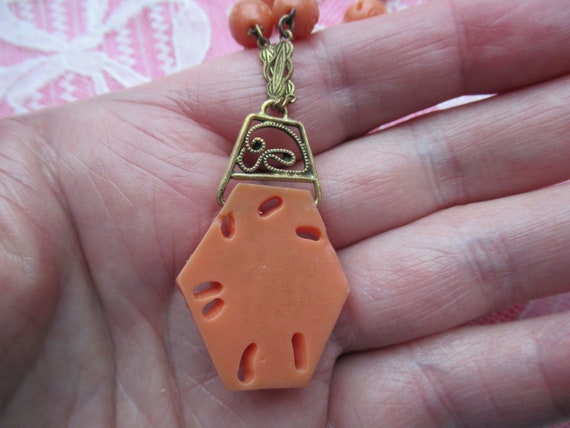 Early plastic Czech style necklace. Coral look al… - image 4