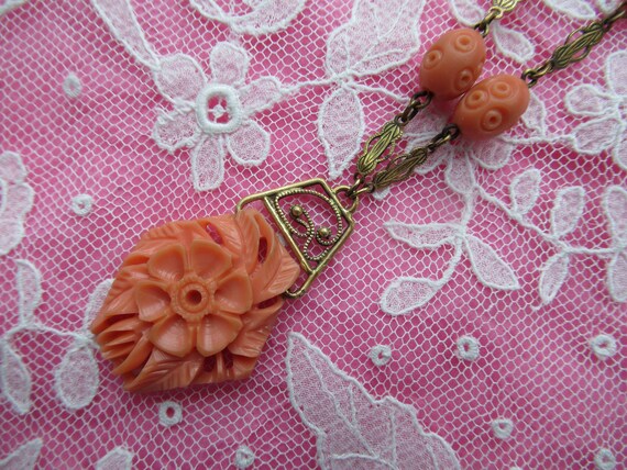 Early plastic Czech style necklace. Coral look al… - image 6
