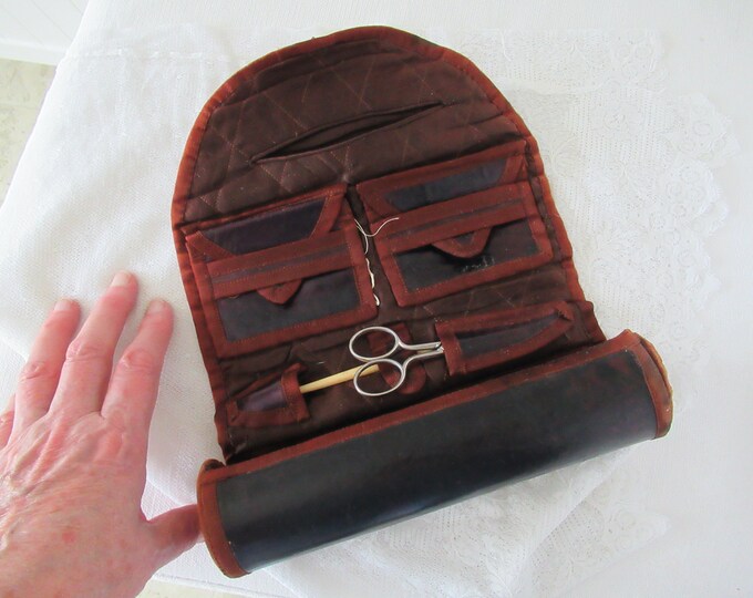 Antique Silk Leather Sewing Case. Shiny Leather Covered Stiffened Round