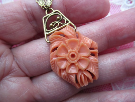 Early plastic Czech style necklace. Coral look al… - image 1