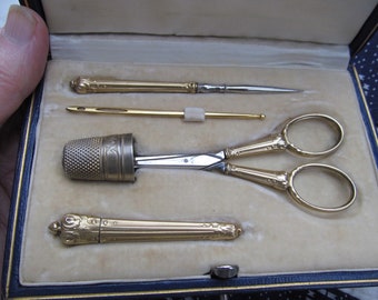 FRENCH SEWING SET early 1900s Vermeil sterling silver.