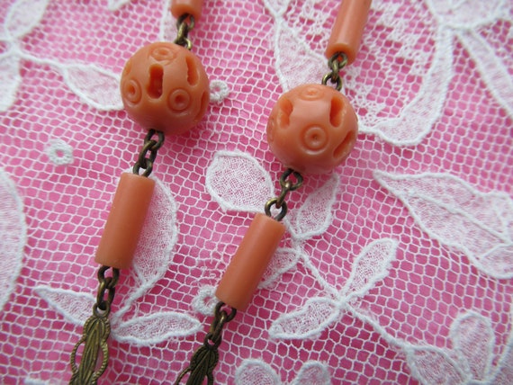 Early plastic Czech style necklace. Coral look al… - image 3