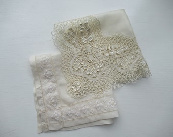 2 Silk Hankies ca 1920s. Maltese lace and embroidered French silk