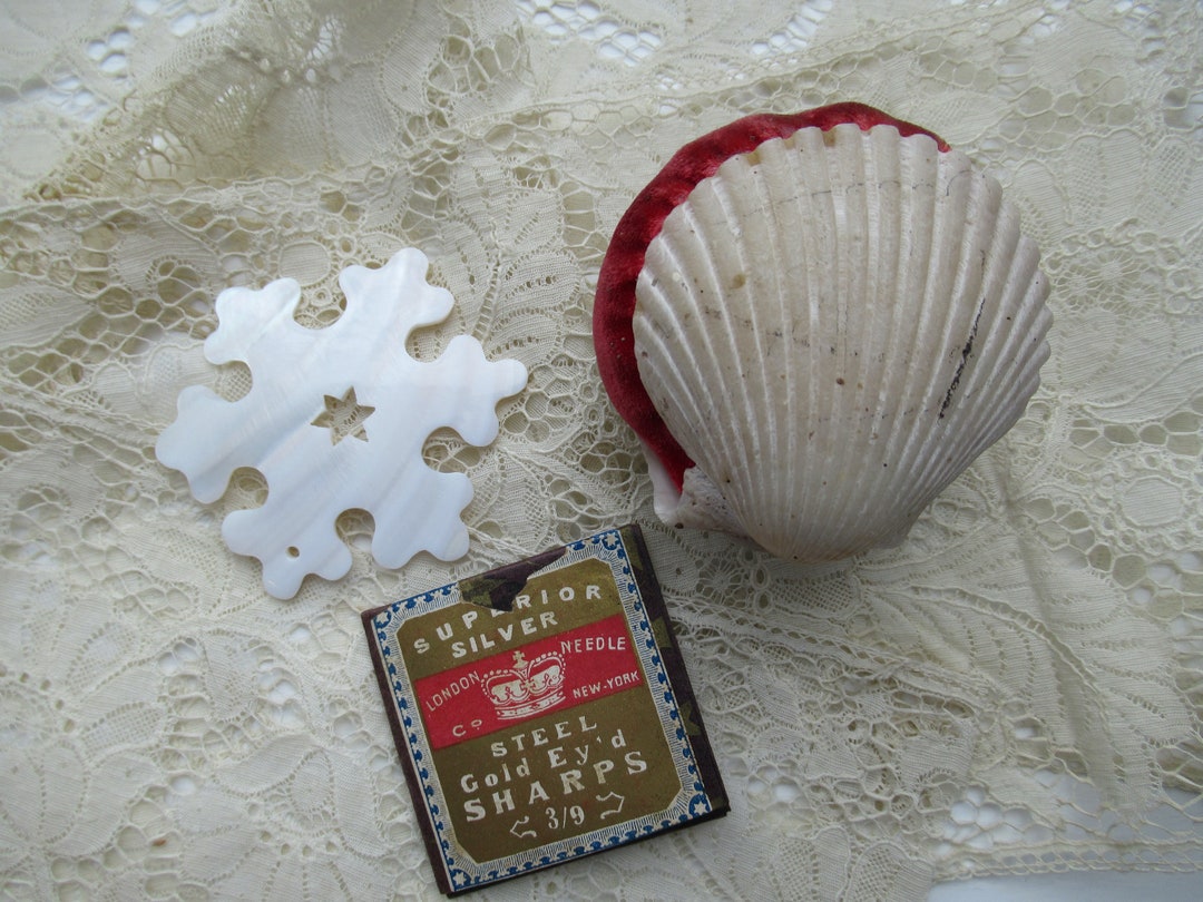Lot of 3 Antique Sewing Tools. Shell Pincushion, Shell Thread Winder