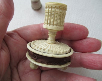 early 1800s pincushion thimble holder. Carved fretwork bone.