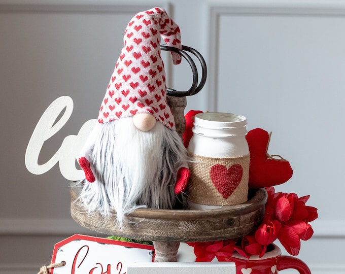 Valentines Day Gnomes decor - Handmade gnomes - Holiday gifts - farmhouse decor- polka dot gnome - heart gnome - tiered tray - tomte
