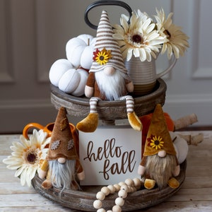 Triplets of gnomes -  autumn gnomes - fall gnomes - thanksgiving gnome  - thanksgiving tiered tray decor - gnome life - tomte - nisse
