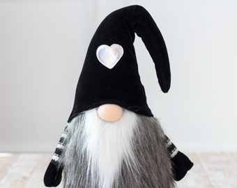 Handmade Soft Gnome – Black Velvet Hat, Silver Heart, Fall Decor