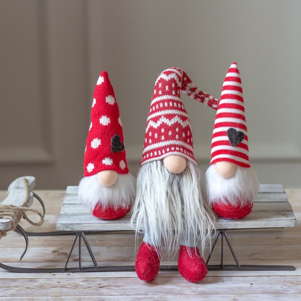 Triplets of gnomes -  red and white small gnomes - stocking stuffers - gnome - christmas gifts - holiday gift - gnome life - tomte - nisse