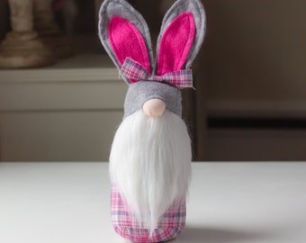 Pink Plaid Bunny Gnome – Spring Easter Decor, Shelf Sitter