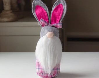 Pink Plaid Bunny Gnome- Sitting gnomes - White, pink and grey bunny - gnomes - cloth tomte - nisse - doll gnome - pink plaid - Spring gnome