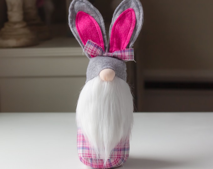 Pink Plaid Bunny Gnome- Sitting gnomes - White, pink and grey bunny - gnomes - cloth tomte - nisse - doll gnome - pink plaid - Spring gnome