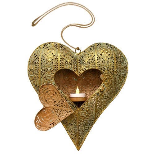 Gold on Sage Metal Heart Tea Light Holder Gold on Sage Metal Heart Tea Light Holder