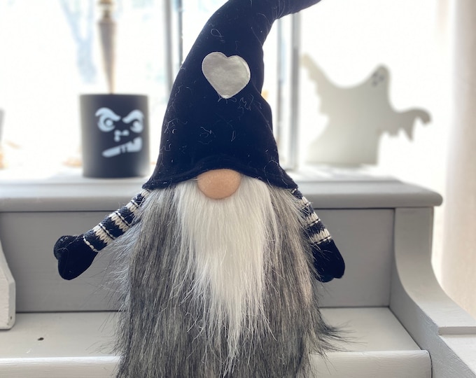 Handmade Soft Gnome – Black Velvet Hat, Silver Heart, Fall Decor