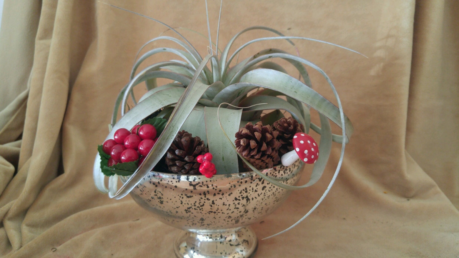 Silver Christmas Centerpiece Bowl with Airplant and Fairy