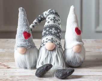 Triplets of gnomes -  small gray and white gnomes - stocking stuffers - gnome - christmas gifts - holiday gift - gnome life - tomte - nisse