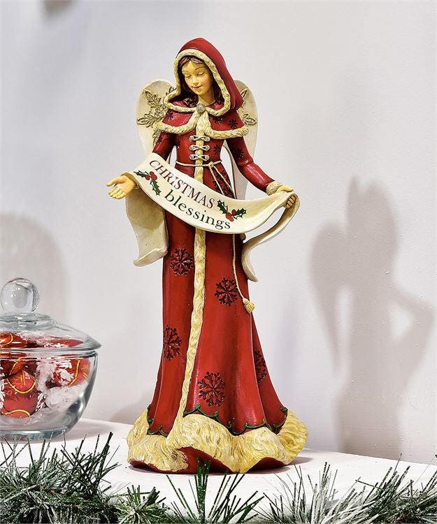 Red and Antiqued White Angel Statue Christmas Blessings Angel