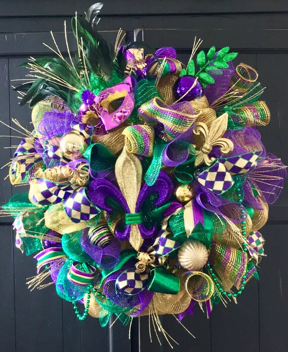 Deluxe Mardi Gras Wreath Fleur De Lis Mardi Gras Wreath Etsy