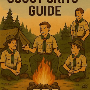 May include: Illustration of a group of scouts gathered around a campfire. The image features the text "Scout Skills Guide" at the top. The scouts are wearing khaki shirts, green neckerchiefs, and hats. A tent and trees are in the background.