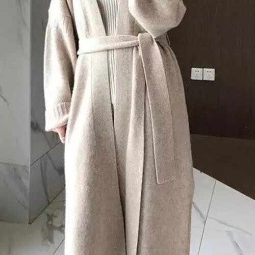 Women’s over knees wool blended open cardigan with belt/women’s long sweater/fall winter soft and warm cardigan/Ivory/gray sweater cardigan