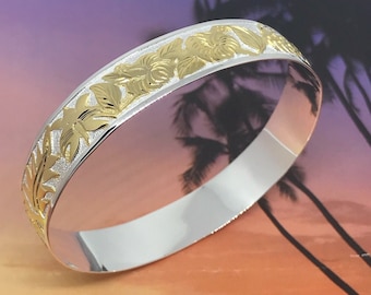 Sterling Silver and 14K 12MM Four Seasons Hawaiian Florals Design with Plain Edge Bangle (BA002)