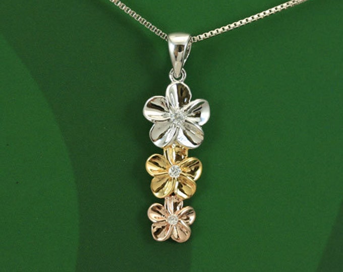 Featured listing image: Sterling Silver Hawaiian Tri-color CZ Plumeria Pendant  (P846T) with optional Rhodium Box Chain