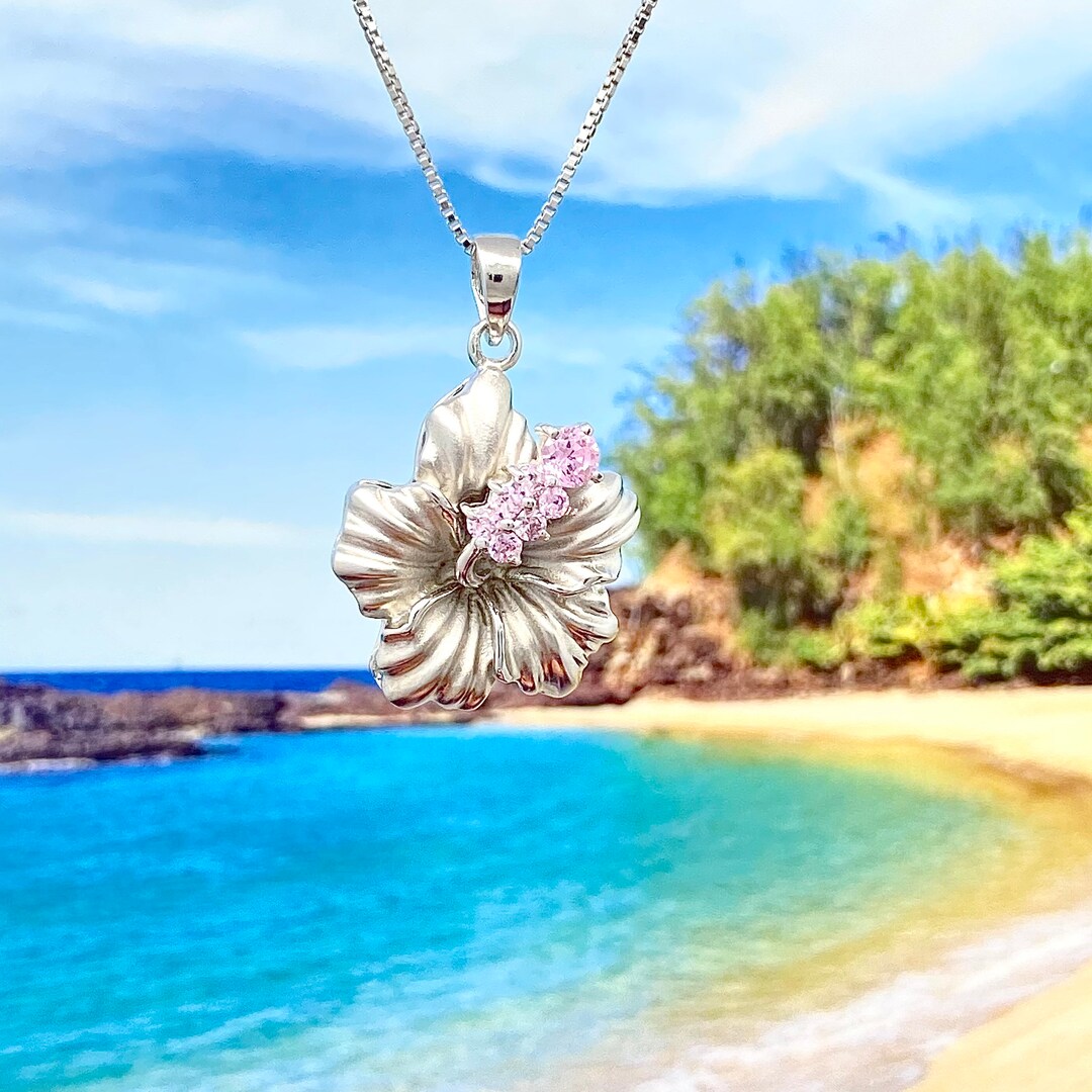 Sterling Silver Hawaiian Hibiscus Pink CZ Pendant (P778_PK