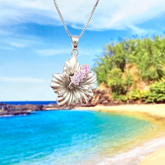 Sterling Silver Hawaiian Hibiscus Pink CZ Pendant (P778_PK) With