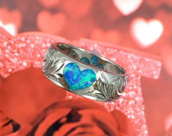 Sterling Silver Hawaiian Plumeria & Heart Design Blue Opal Ring (R570)