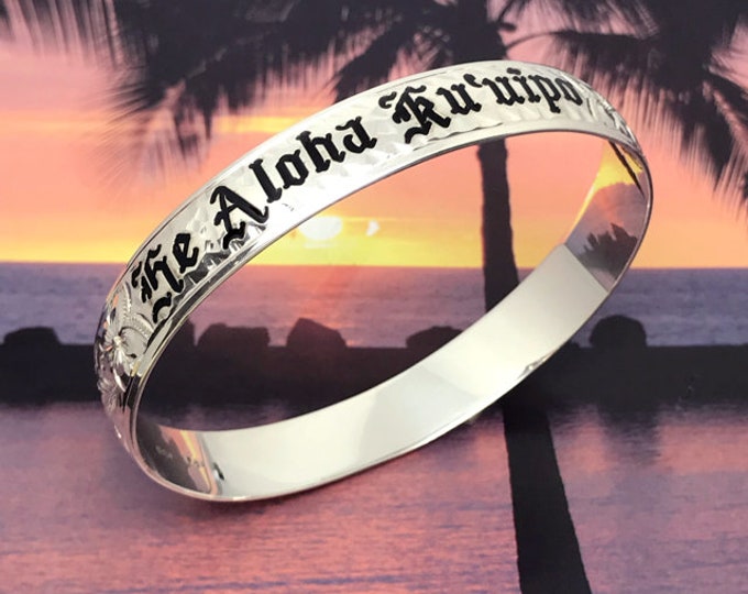 Featured listing image: Sterling Silver Personalized Name Drop Black Enamel Hawaiian Bangle Bracelet with Plumeria