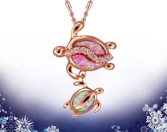 Sterling Silver Hawaiian Mother & Baby Honu Pink Opal Pendant (P876)  with Optional Two Toned Rose Bead Chain