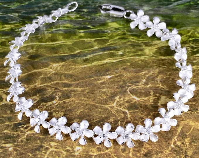 Featured listing image: Sterling Silver 9MM Hawaiian Plumeria with Clear CZ Design Bracelet (B1401_9mm)