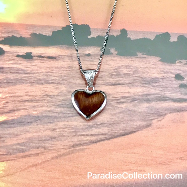 Sterling Silver Hawaiian Koa Wood Heart Shaped Pendant (P1264)  with Optional Rhodium Box Chain