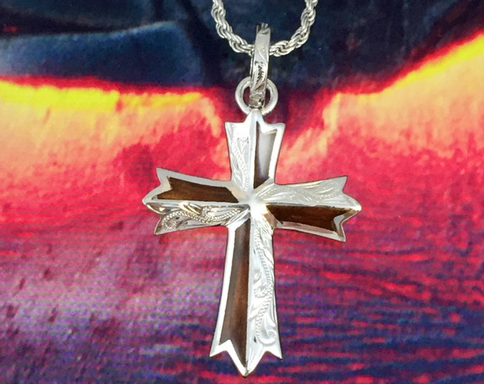 Featured listing image: Sterling Silver Hawaiian Koa Wood Engraved Cross Shaped Pendant (L) (P1237) with Optional Rhodium Rope Chain