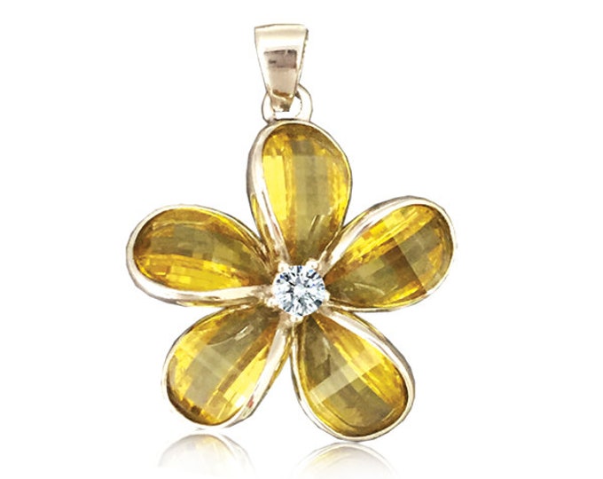 Featured listing image: Sterling Silver 24MM Hawaiian Plumeria with Semi-Precious Yellow Citrine Pendant (P1268_YELLOW) with Optional Rhodium Rope Chain