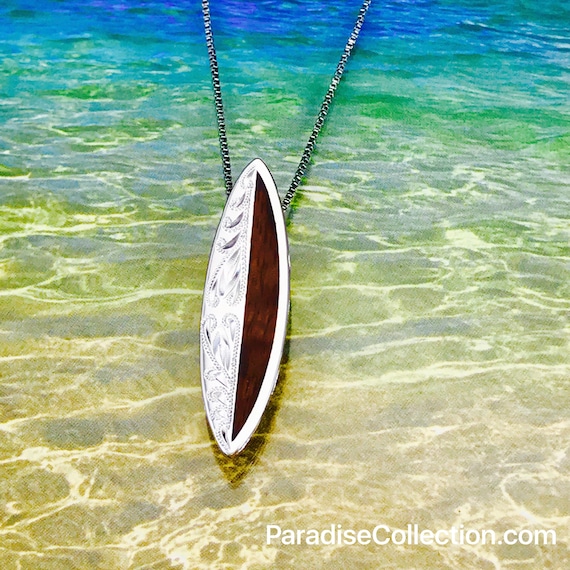 Sterling Silver Hawaiian Koa Wood Surfboard Shaped Engraved on the