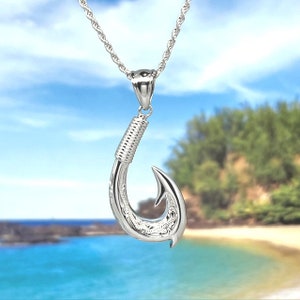 Sterling Silver Hand Carved Hawaiian Fish Hook Cremation Urn Ash Holder (P1313) with Mini Funnel Filler Kit